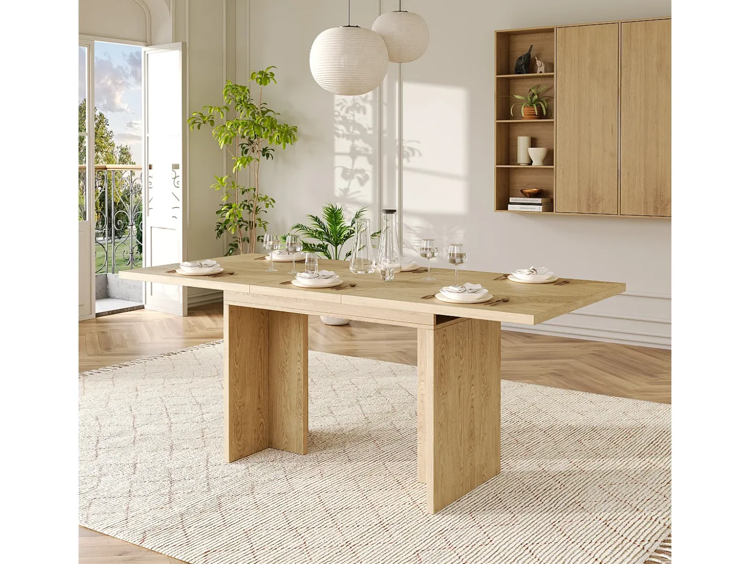 Mesa de comedor rectangular extensible 140/180x80x75 cm - Para 6 a 8 personas - Tablero grueso - Estilo minimalista - Natural