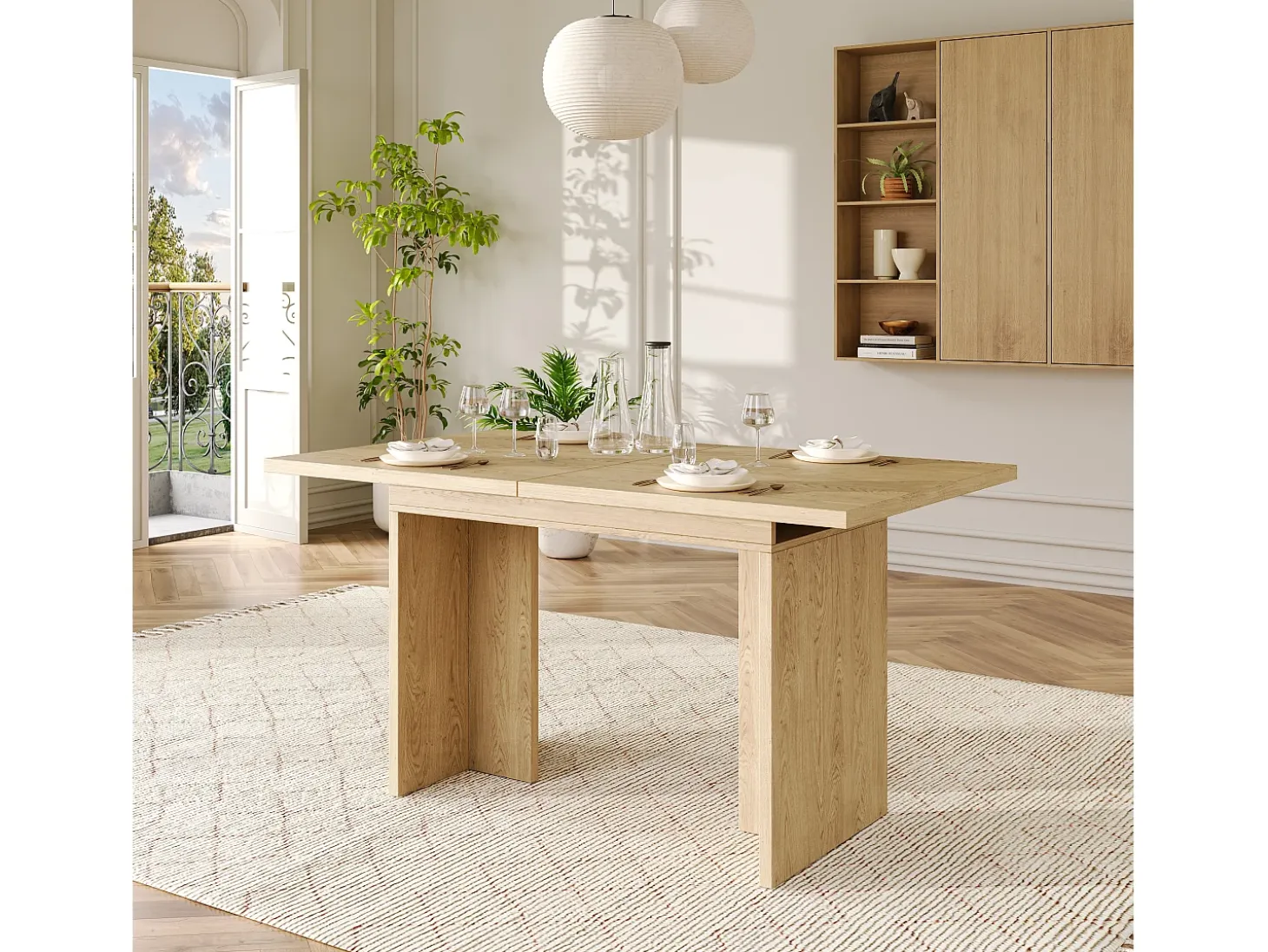 Mesa de comedor rectangular extensible 140/180x80x75 cm - Para 6 a 8 personas - Tablero grueso - Estilo minimalista - Natural