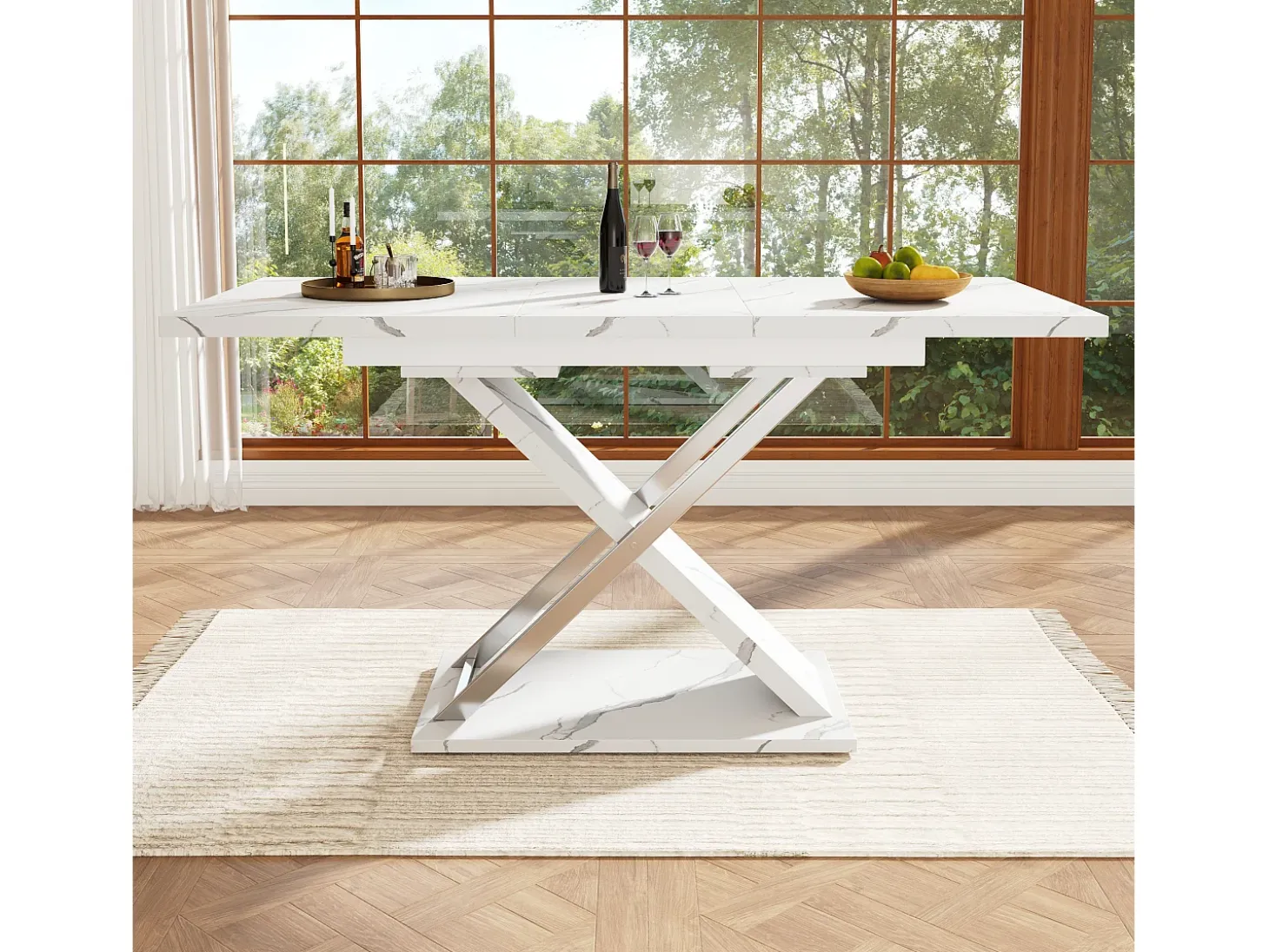 Mesa de comedor rectangular extensible para 4-6 personas, tapa chapada en mármol blanco con patas en forma de X - 118/157x75x76,4cm