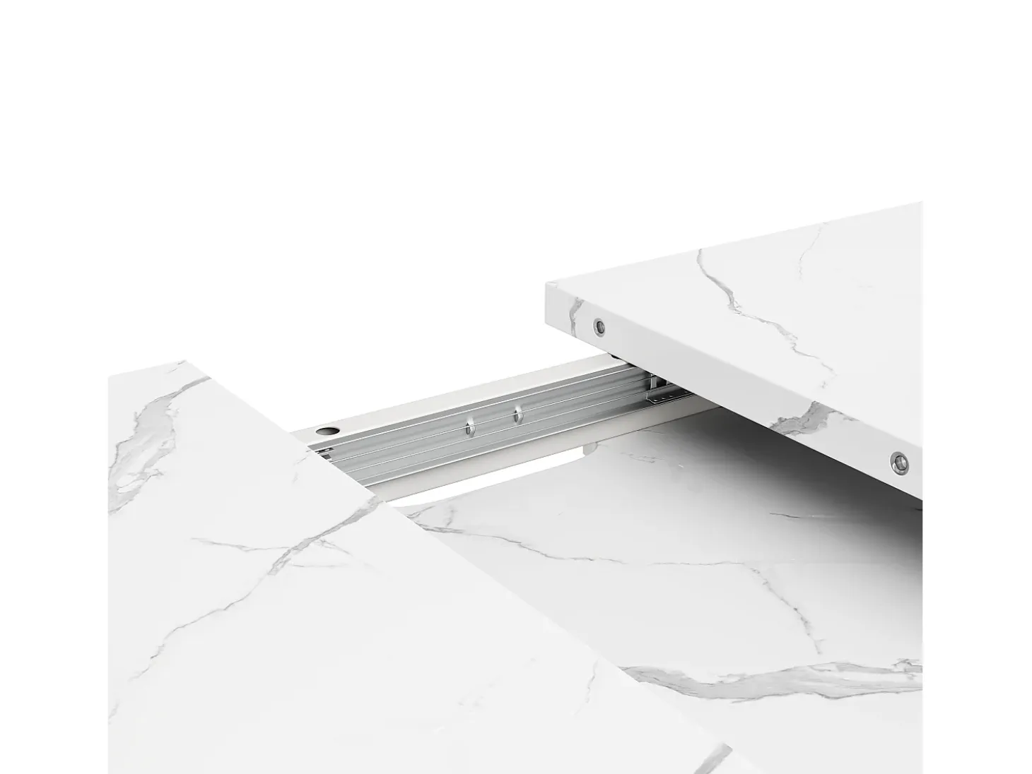 Mesa de comedor rectangular extensible para 4-6 personas, tapa chapada en mármol blanco con patas en forma de X - 118/157x75x76,4cm