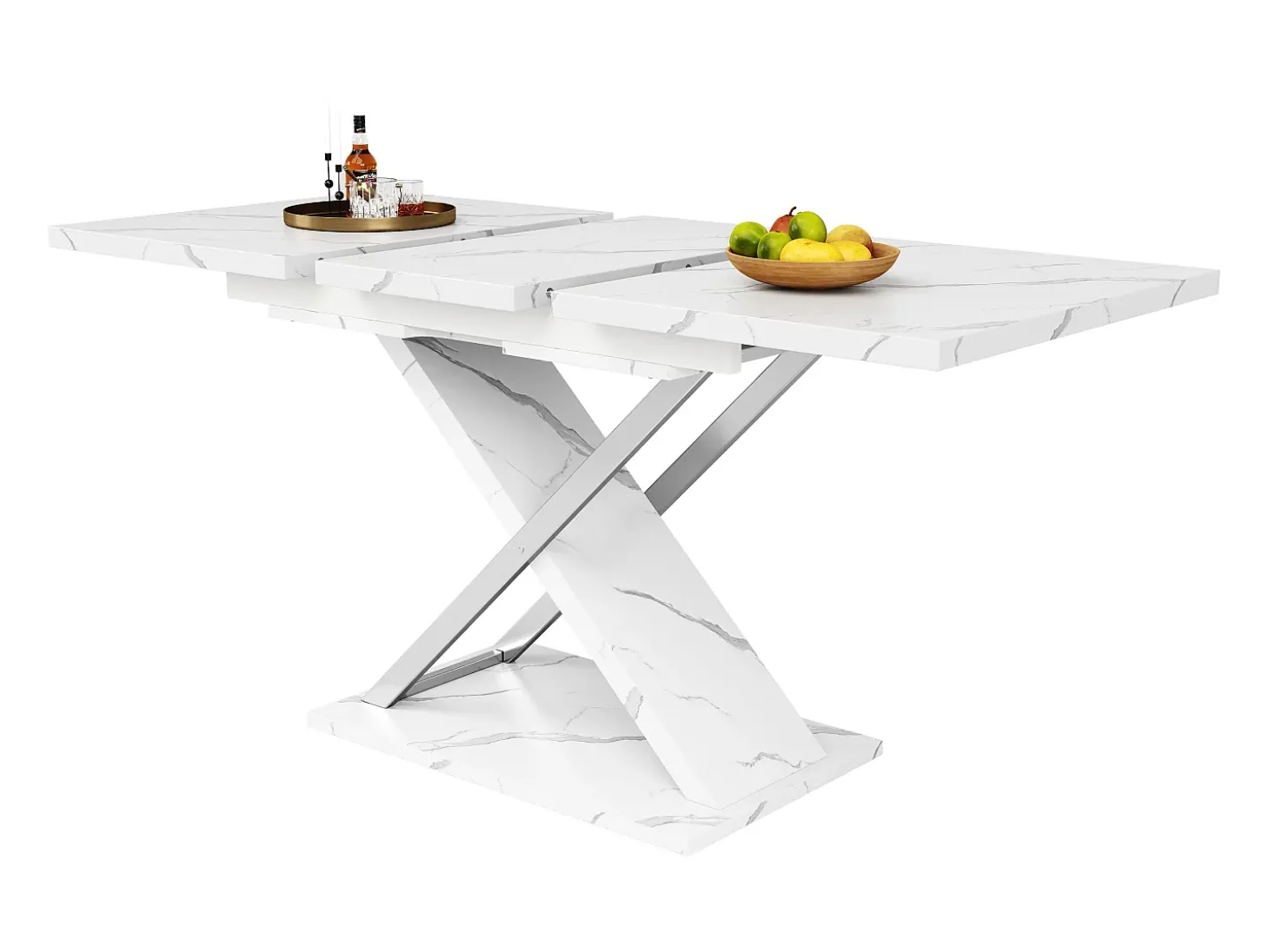 Mesa de comedor rectangular extensible para 4-6 personas, tapa chapada en mármol blanco con patas en forma de X - 118/157x75x76,4cm