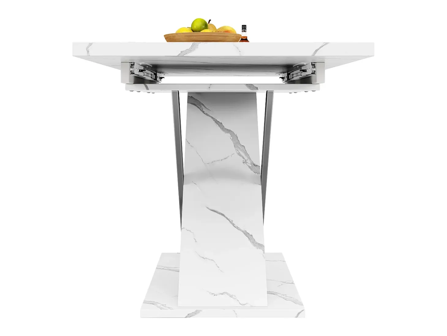 Mesa de comedor rectangular extensible para 4-6 personas, tapa chapada en mármol blanco con patas en forma de X - 118/157x75x76,4cm