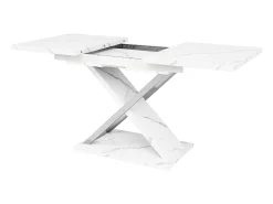 Mesa de comedor rectangular extensible para 4-6 personas, tapa chapada en mármol blanco con patas en forma de X - 118/157x75x76,4cm