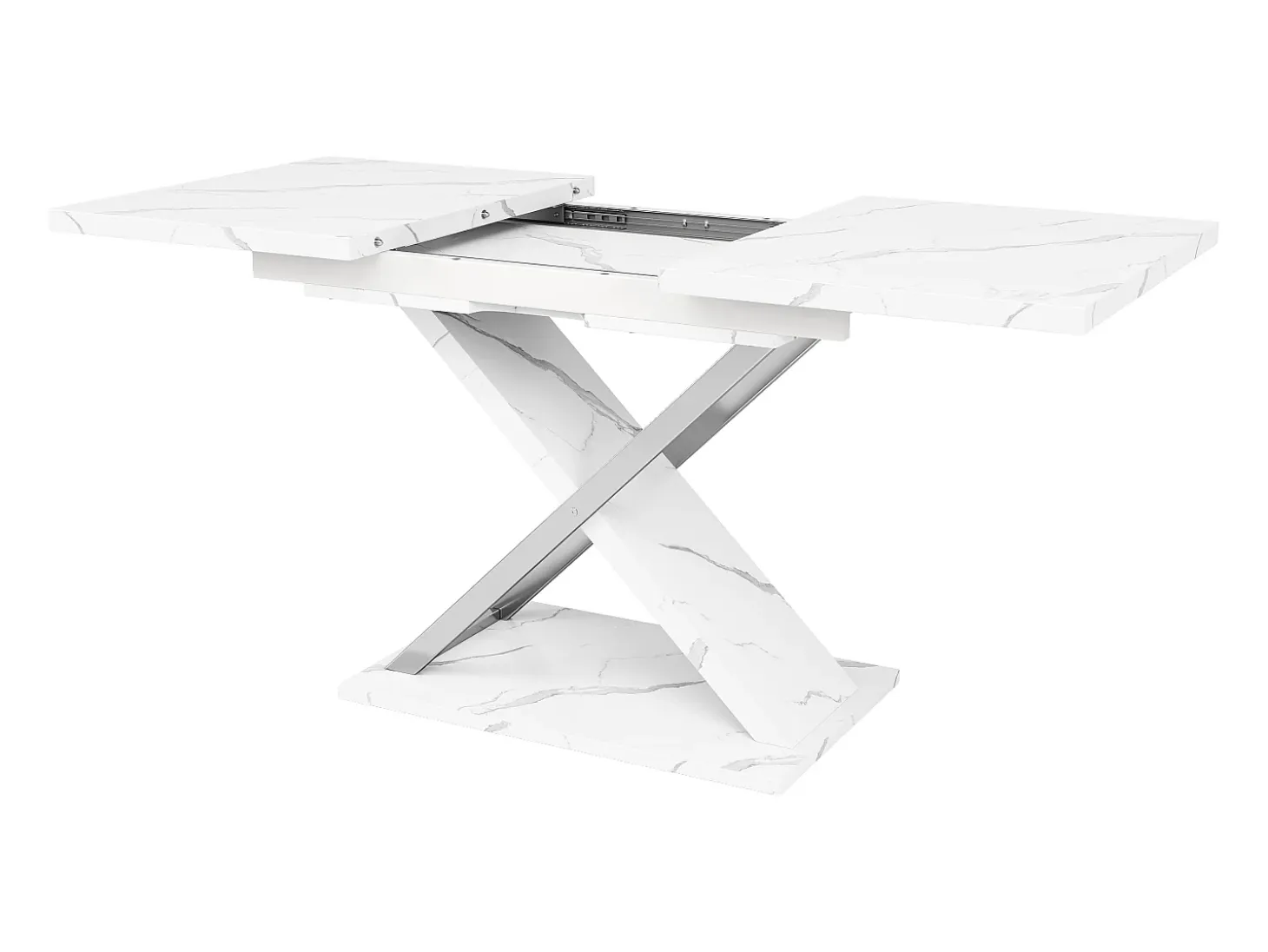 Mesa de comedor rectangular extensible para 4-6 personas, tapa chapada en mármol blanco con patas en forma de X - 118/157x75x76,4cm