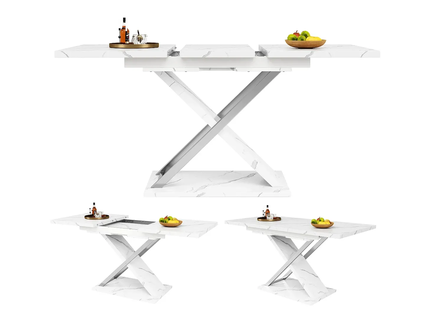 Mesa de comedor rectangular extensible para 4-6 personas, tapa chapada en mármol blanco con patas en forma de X - 118/157x75x76,4cm