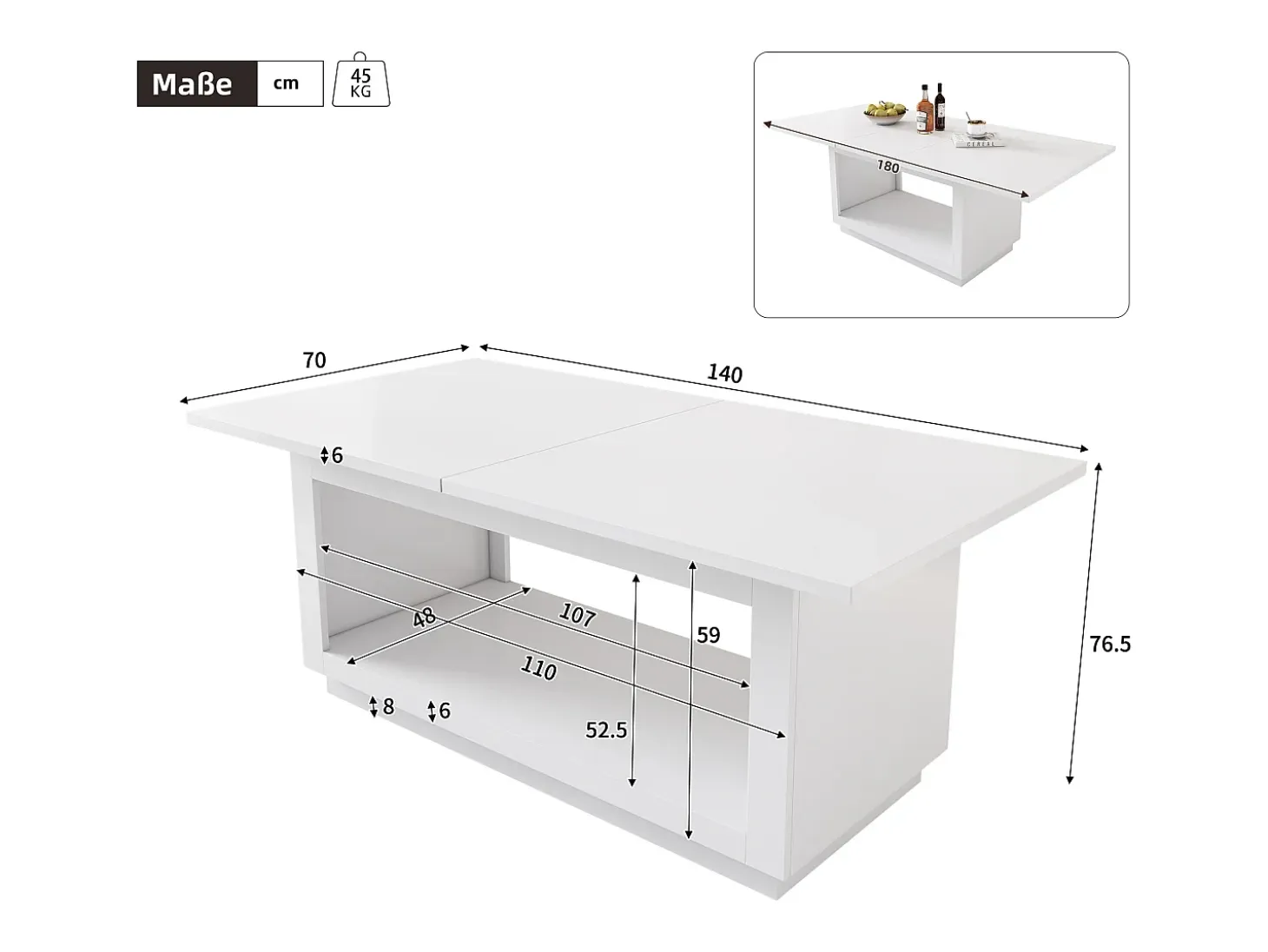 Mesa de comedor rectangular extensible 140/180 x 70 cm, blanca – Para 4 a 6 personas
