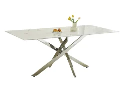 Mesa de comedor rectangular de vidrio templado - Efecto mármol blanco y metal cromado – 8 personas – CHIARA