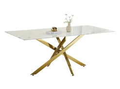 Mesa de comedor rectangular de vidrio templado - Efecto mármol blanco y metal dorado – 8 personas – CHIARA