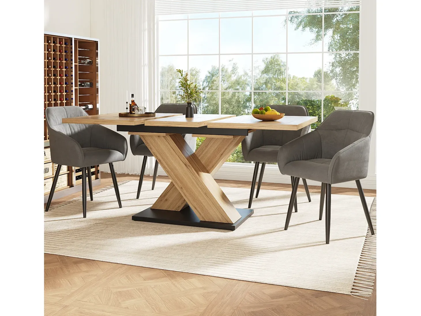 Mesa de comedor rectangular - Mesa de comedor con patas en forma de X y tablero de madera - retráctil - para cocina y sala de estar
