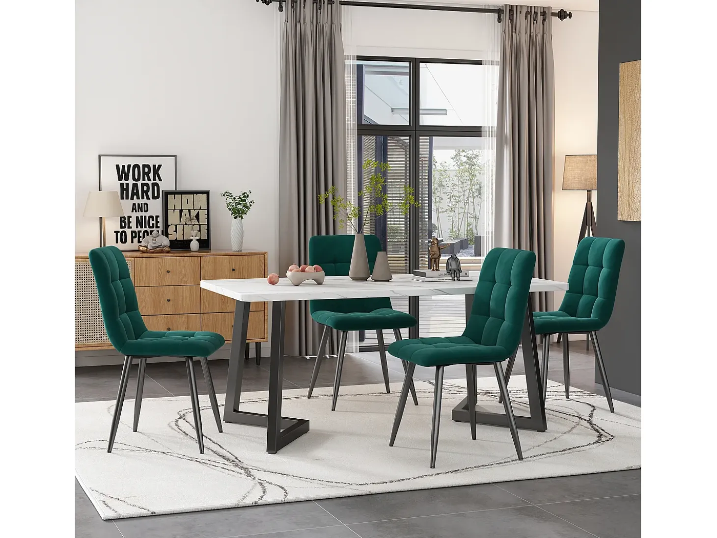 Mesa de comedor rectangular para 4 a 6 cubiertos con diseño de mármol - madera MDF + patas de metal - blanco y negro