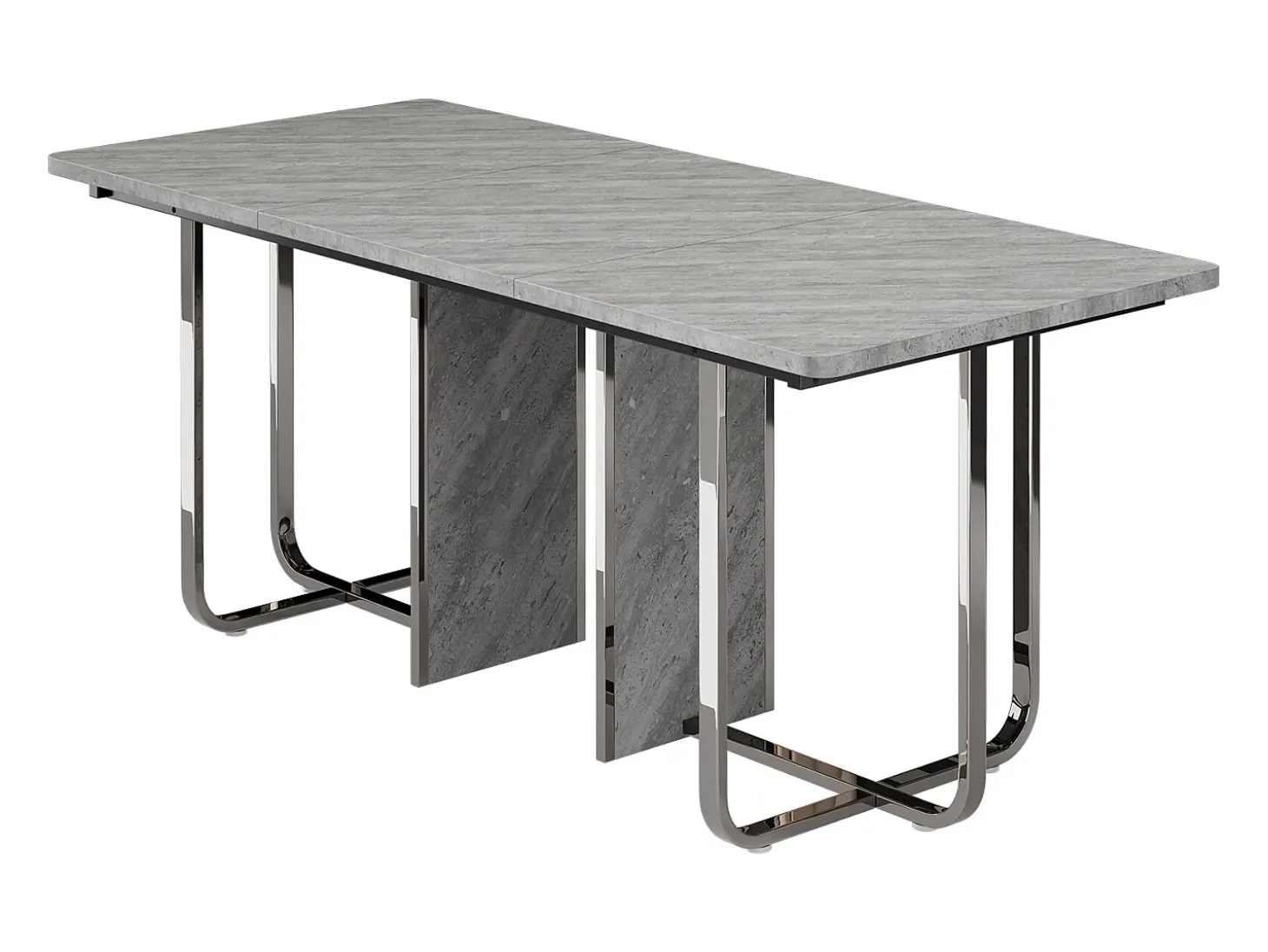 Mesa de comedor rectangular con tablero gris y estructura de metal plateado – Para 6 a 8 personas