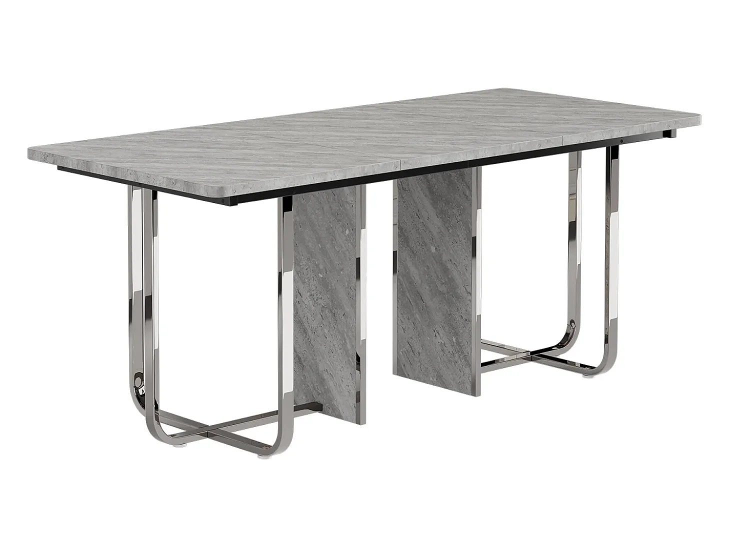 Mesa de comedor rectangular con tablero gris y estructura de metal plateado – Para 6 a 8 personas