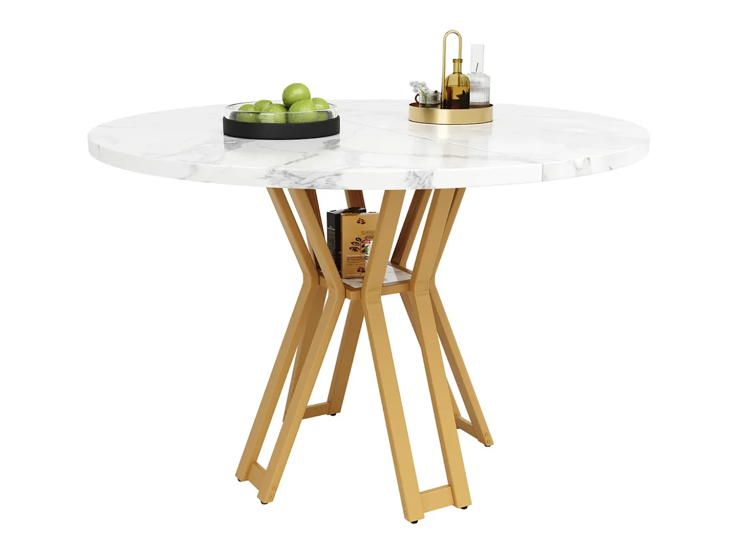 Mesa de comedor redonda - para 4 a 6 personas - tablero de MDF efecto mármol - 100 x 100 x 76 cm - dorado