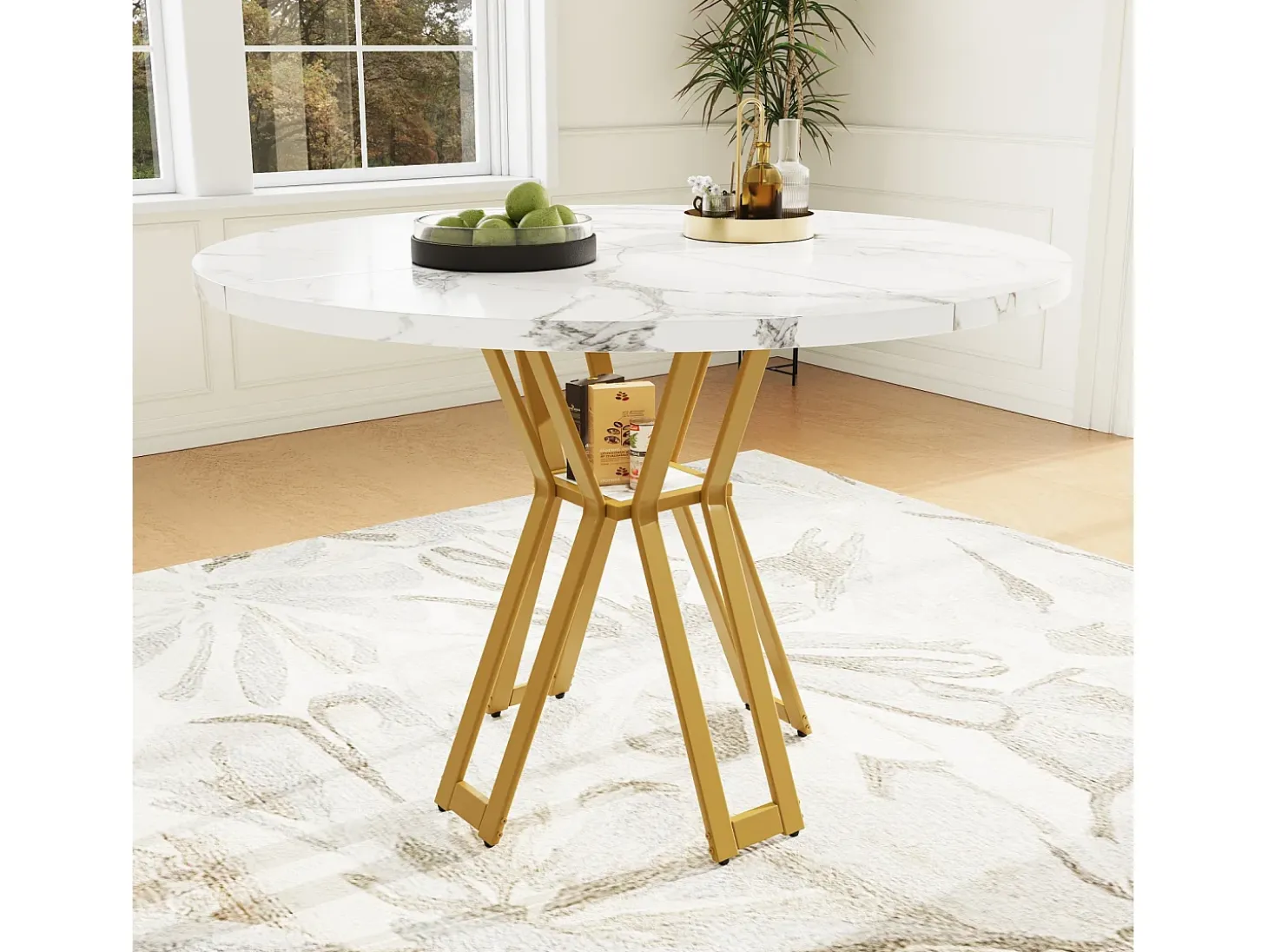 Mesa de comedor redonda - para 4 a 6 personas - tablero de MDF efecto mármol - 100 x 100 x 76 cm - dorado