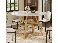 Mesa de comedor redonda (1 unidad), patas de metal, aspecto mármol, blanco