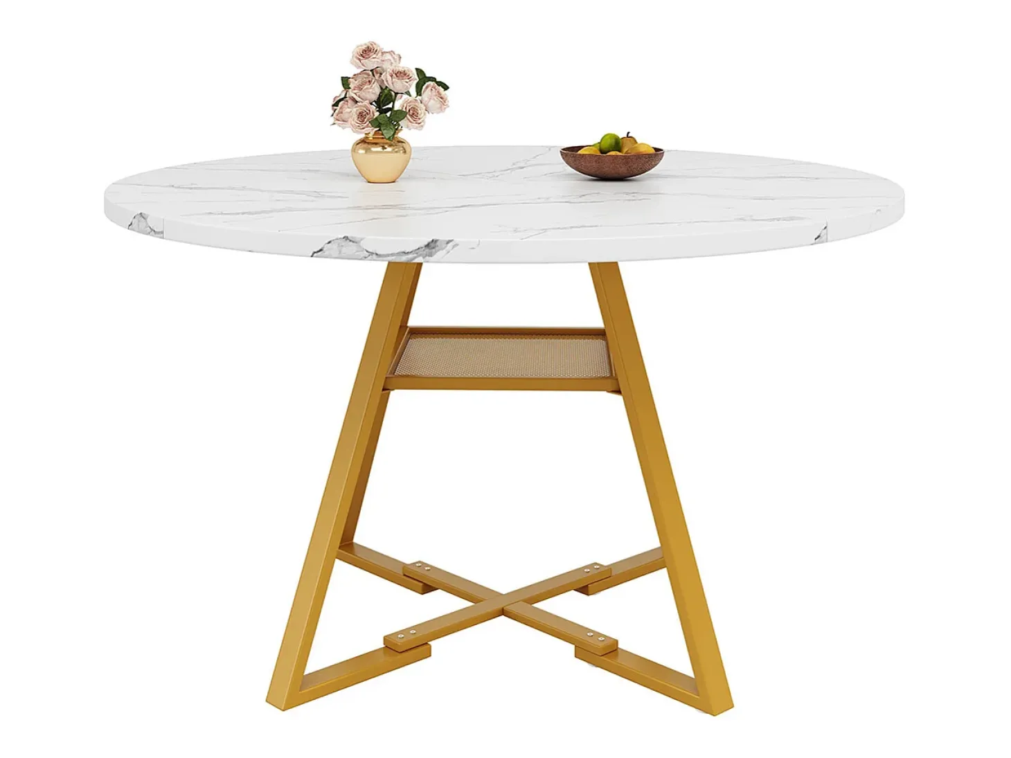 Mesa de comedor redonda (1 unidad), patas de metal, aspecto mármol, blanco