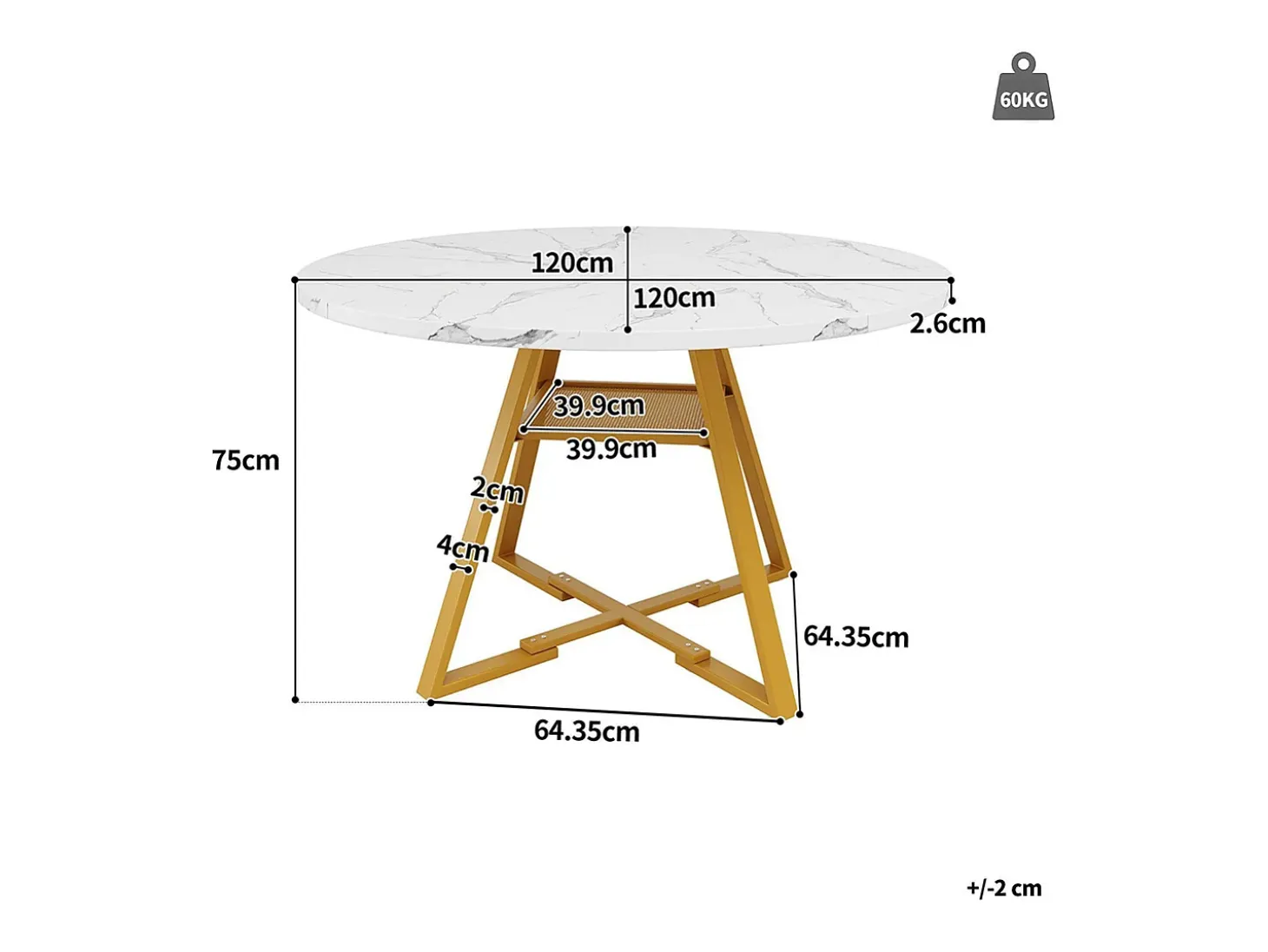 Mesa de comedor redonda (1 unidad), patas de metal, aspecto mármol, blanco