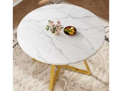 Mesa de comedor redonda (1 unidad), patas de metal, aspecto mármol, blanco