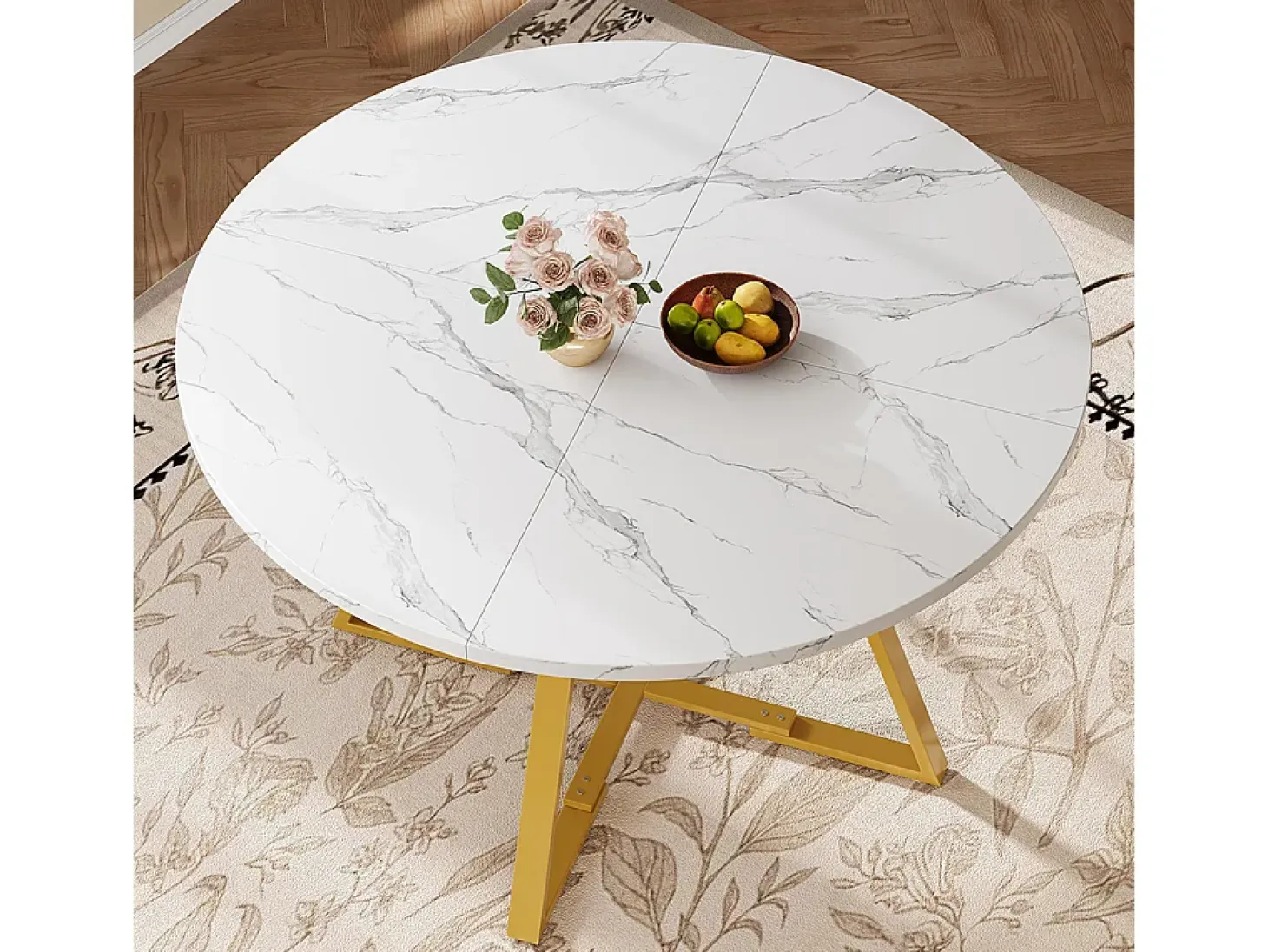 Mesa de comedor redonda (1 unidad), patas de metal, aspecto mármol, blanco