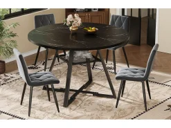 Mesa de comedor redonda - 120 x 120 x 75 cm - mesa de desayuno con patas negras - aspecto mármol - MDF + metal - negro