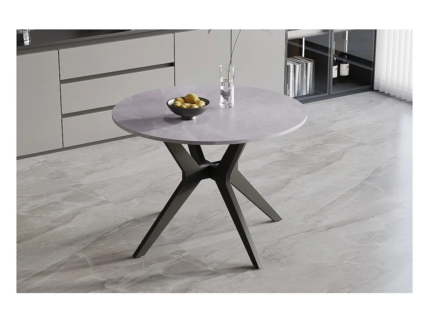 Mesa de comedor redonda ARVENA – 110 cm – Tablero de piedra sinterizada – Color gris – Diseño contemporáneo y robusto