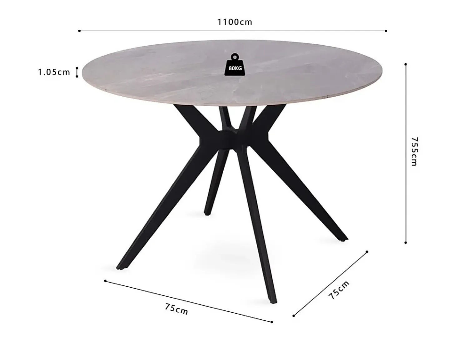 Mesa de comedor redonda ARVENA – 110 cm – Tablero de piedra sinterizada – Color gris – Diseño contemporáneo y robusto