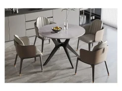 Mesa de comedor redonda ARVENA – 110 cm – Tablero de piedra sinterizada – Color gris – Diseño contemporáneo y robusto