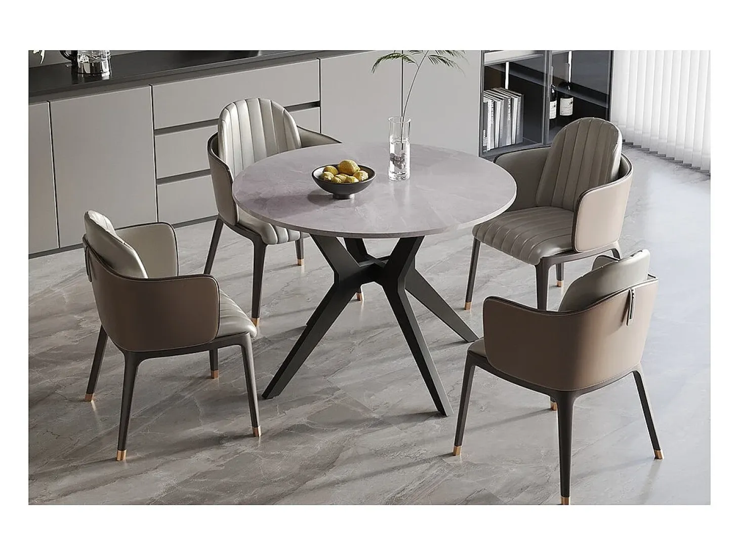 Mesa de comedor redonda ARVENA – 110 cm – Tablero de piedra sinterizada – Color gris – Diseño contemporáneo y robusto