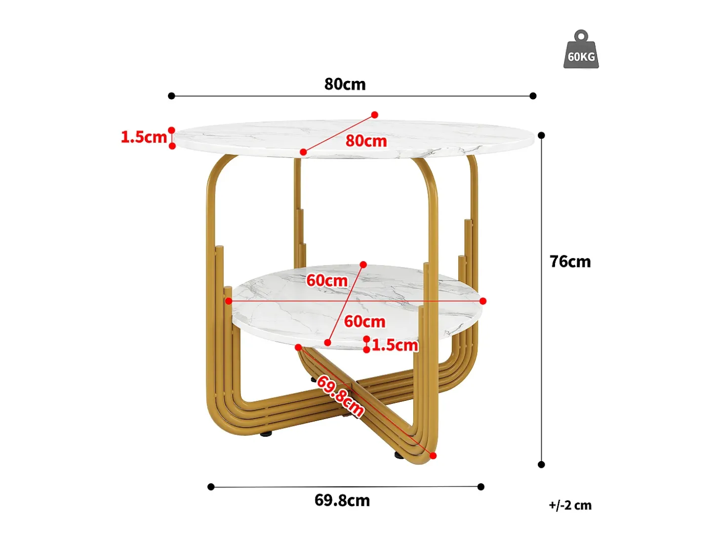 Mesa de comedor redonda con tablero chapado en mármol blanco y 1 estante con pata, estructura de metal dorado - 80x80x76cm