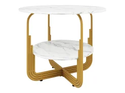 Mesa de comedor redonda con tablero chapado en mármol blanco y 1 estante con pata, estructura de metal dorado - 80x80x76cm