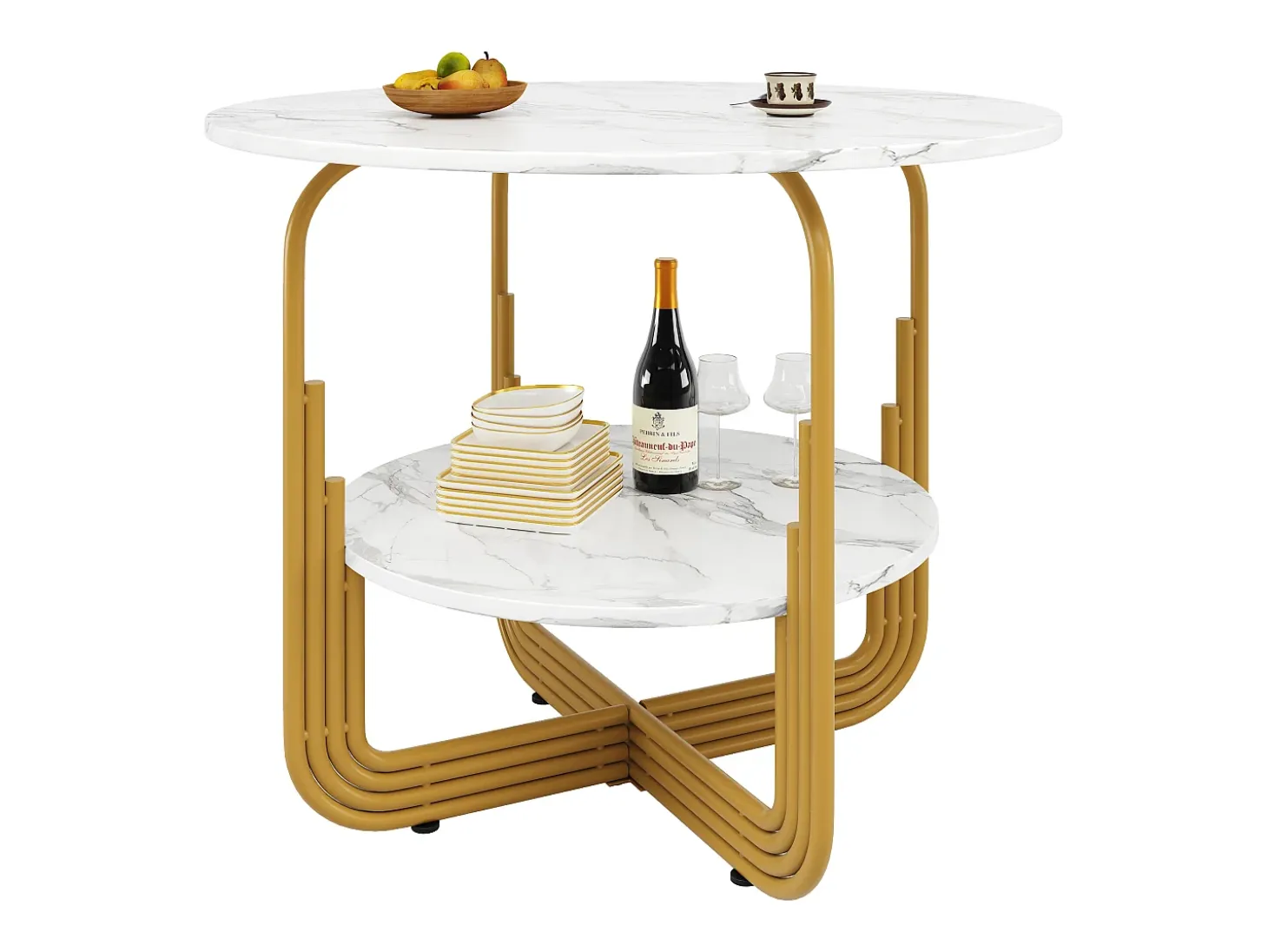 Mesa de comedor redonda con tablero chapado en mármol blanco y 1 estante con pata, estructura de metal dorado - 80x80x76cm
