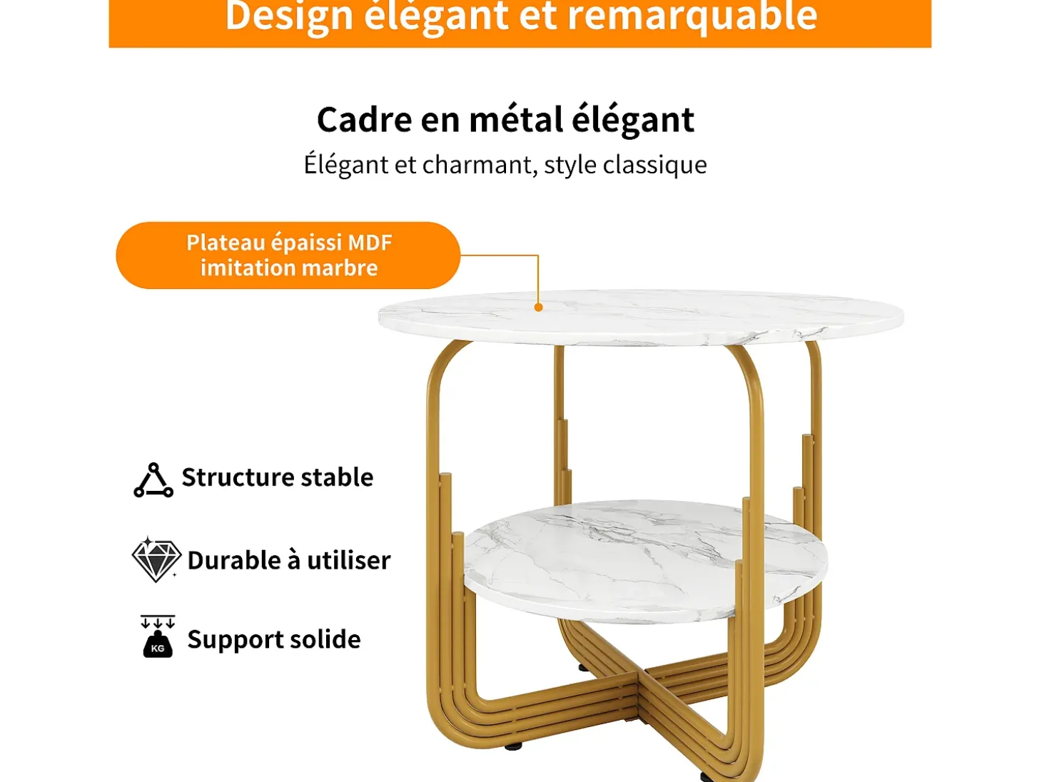 Mesa de comedor redonda con tablero chapado en mármol blanco y 1 estante con pata, estructura de metal dorado - 80x80x76cm