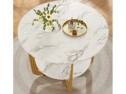 Mesa de comedor redonda con tablero chapado en mármol blanco y 1 estante con pata, estructura de metal dorado - 80x80x76cm