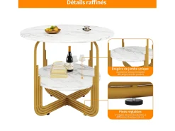 Mesa de comedor redonda con tablero chapado en mármol blanco y 1 estante con pata, estructura de metal dorado - 80x80x76cm