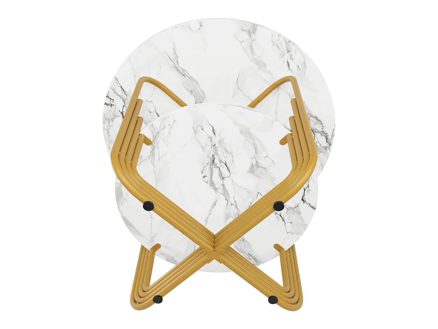 Mesa de comedor redonda con tablero chapado en mármol blanco y 1 estante con pata, estructura de metal dorado - 80x80x76cm