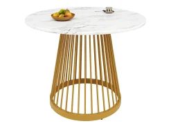 Mesa de comedor redonda con tablero chapado en mármol blanco y patas centrales de metal dorado - 80x80x76cm