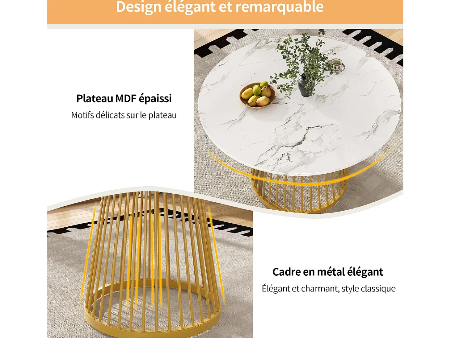 Mesa de comedor redonda con tablero chapado en mármol blanco y patas centrales de metal dorado - 80x80x76cm