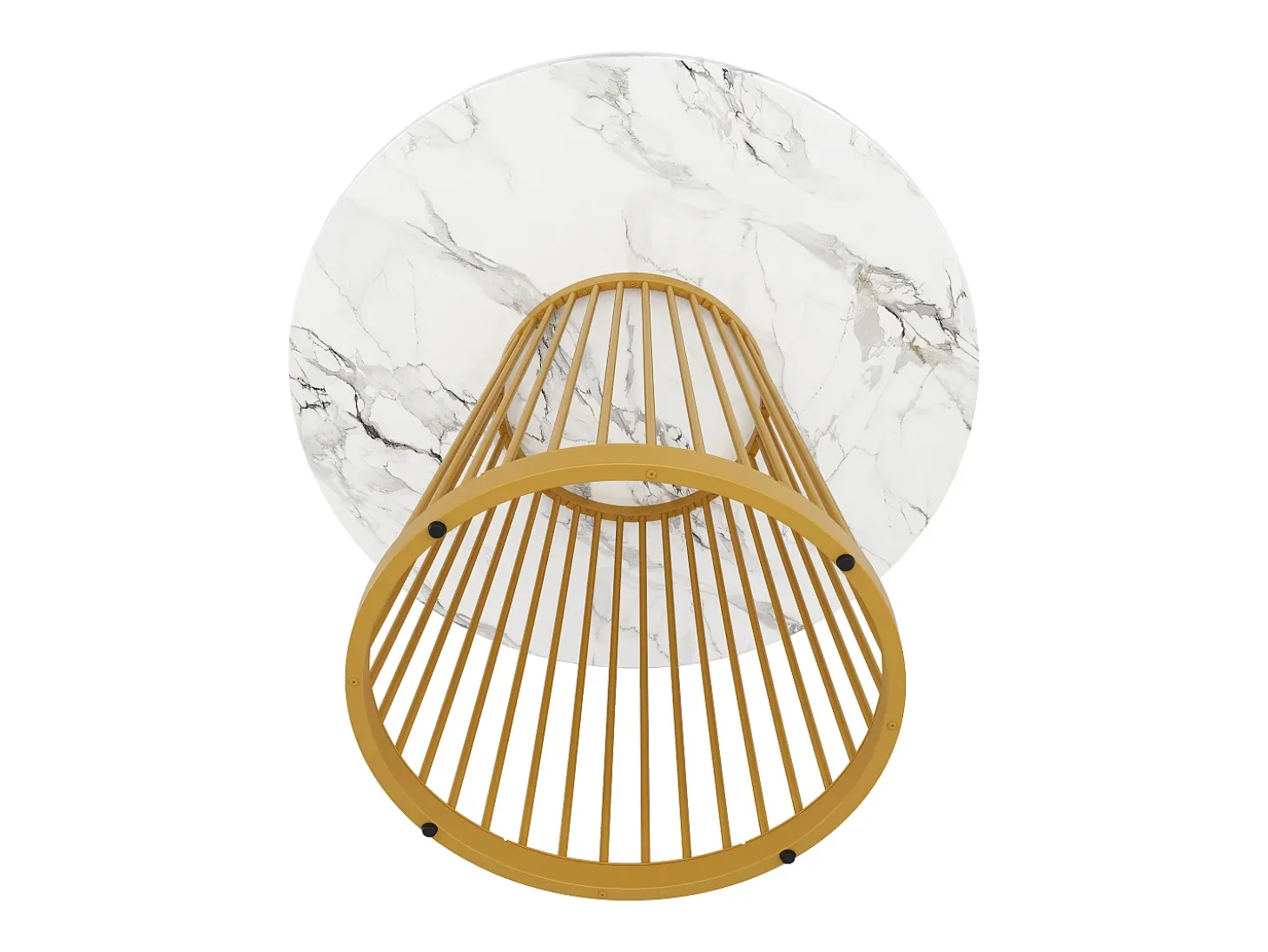 Mesa de comedor redonda con tablero chapado en mármol blanco y patas centrales de metal dorado - 80x80x76cm