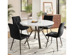 Mesa de comedor redonda con tablero chapado en mármol blanco y patas cruzadas de metal negro - 100x100x75cm