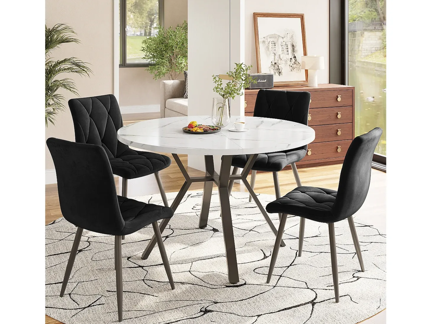 Mesa de comedor redonda con tablero chapado en mármol blanco y patas cruzadas de metal negro - 100x100x75cm
