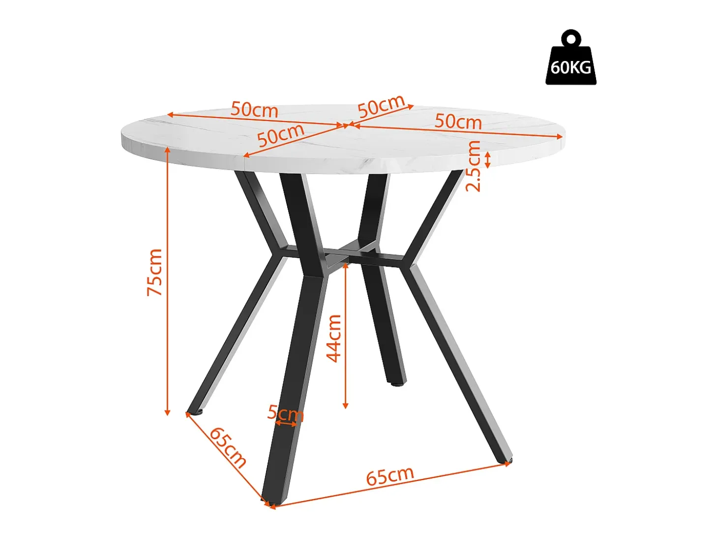 Mesa de comedor redonda con tablero chapado en mármol blanco y patas cruzadas de metal negro - 100x100x75cm
