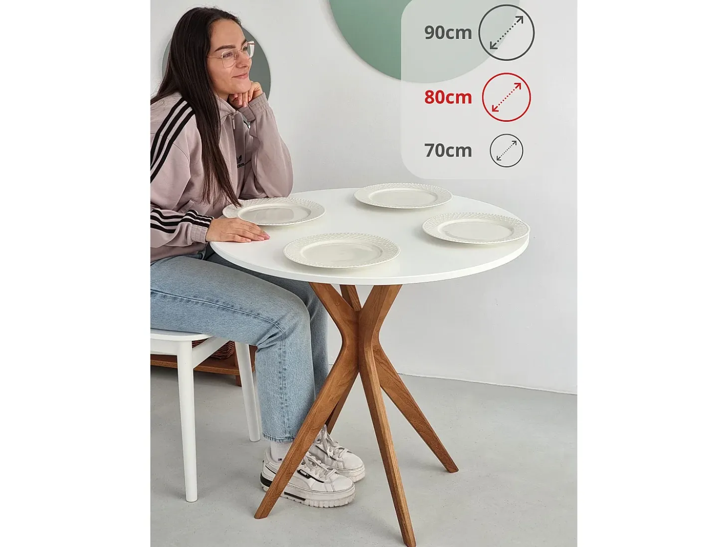 Mesa de comedor redonda 80cm Jubi Blanco Tiza | Pata de fresno teñida de roble
