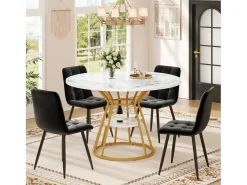 Mesa de comedor redonda, diseño moderno con patas de metal, tablero de MDF efecto mármol, dorado y negro (100x100x76cm)