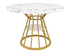 Mesa de comedor redonda, diseño moderno con patas de metal, tablero de MDF efecto mármol, dorado y negro (100x100x76cm)