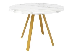 Mesa de comedor redonda de 80x80x75cm con tablero chapado efecto mármol blanco y patas de metal dorado.