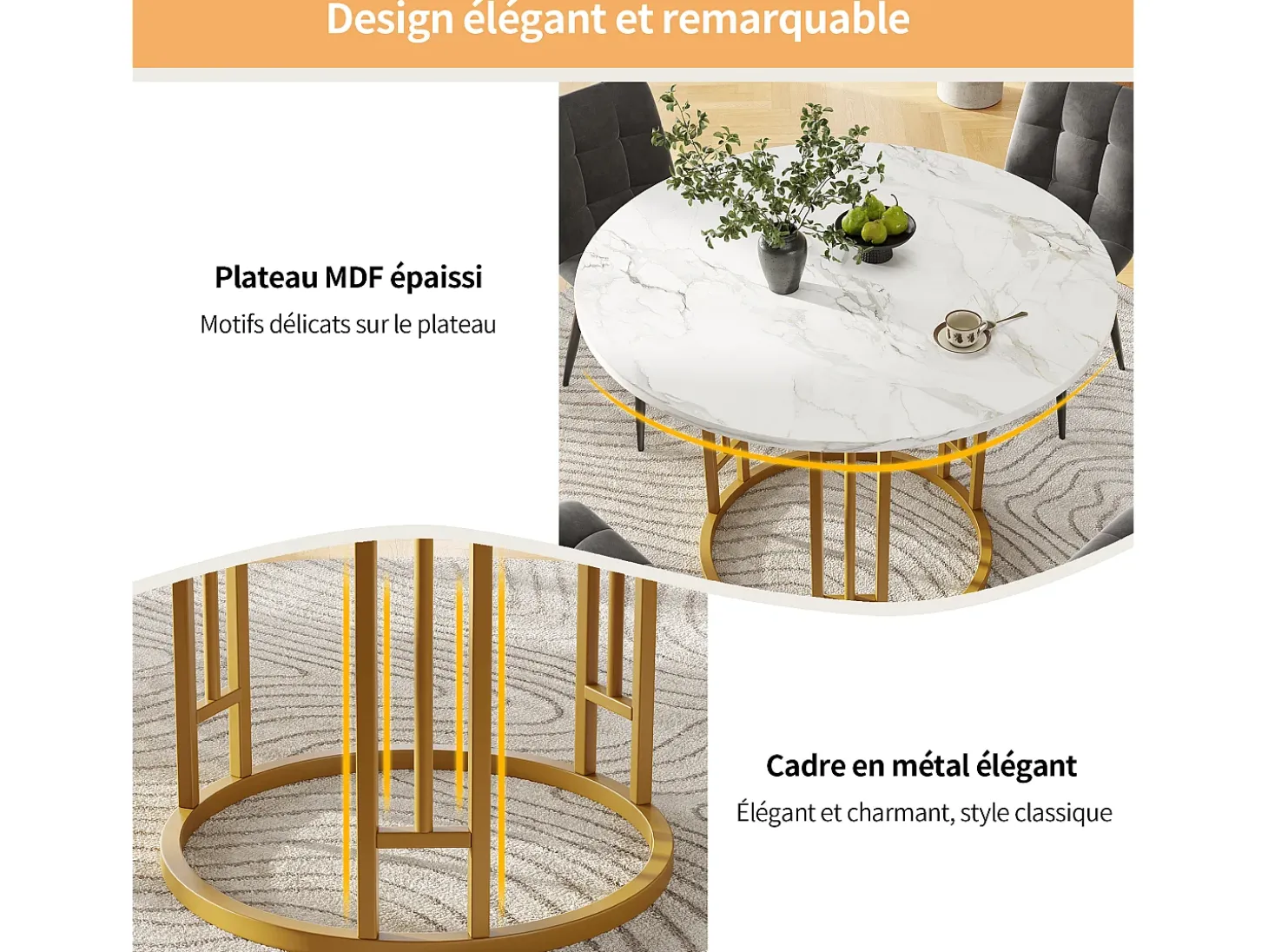 Mesa de comedor redonda de 80x80x76cm con tablero chapado efecto mármol blanco y estructura de metal dorado.