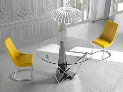 Mesa de comedor redonda de diseño Bazika de 130 cm con cristal templado y patas de acero cromado