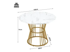 Mesa de comedor redonda, diseño de mármol, estructura de metal, adecuada para restaurante, comedor, color dorado.