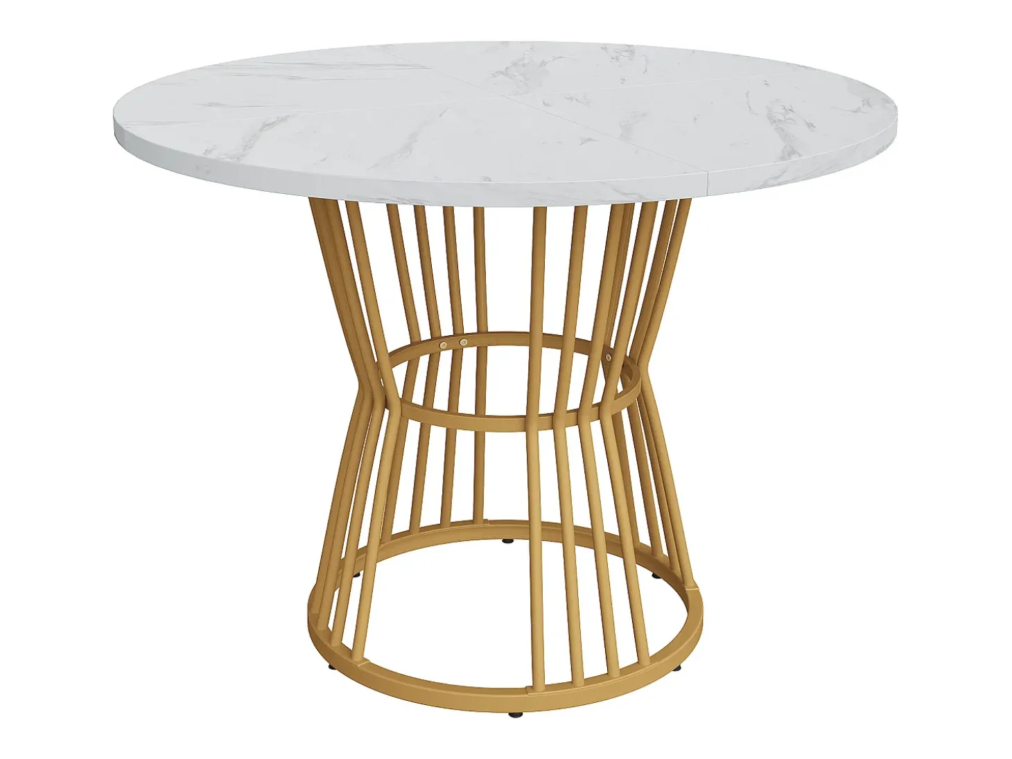 Mesa de comedor redonda, diseño de mármol, estructura de metal, adecuada para restaurante, comedor, color dorado.