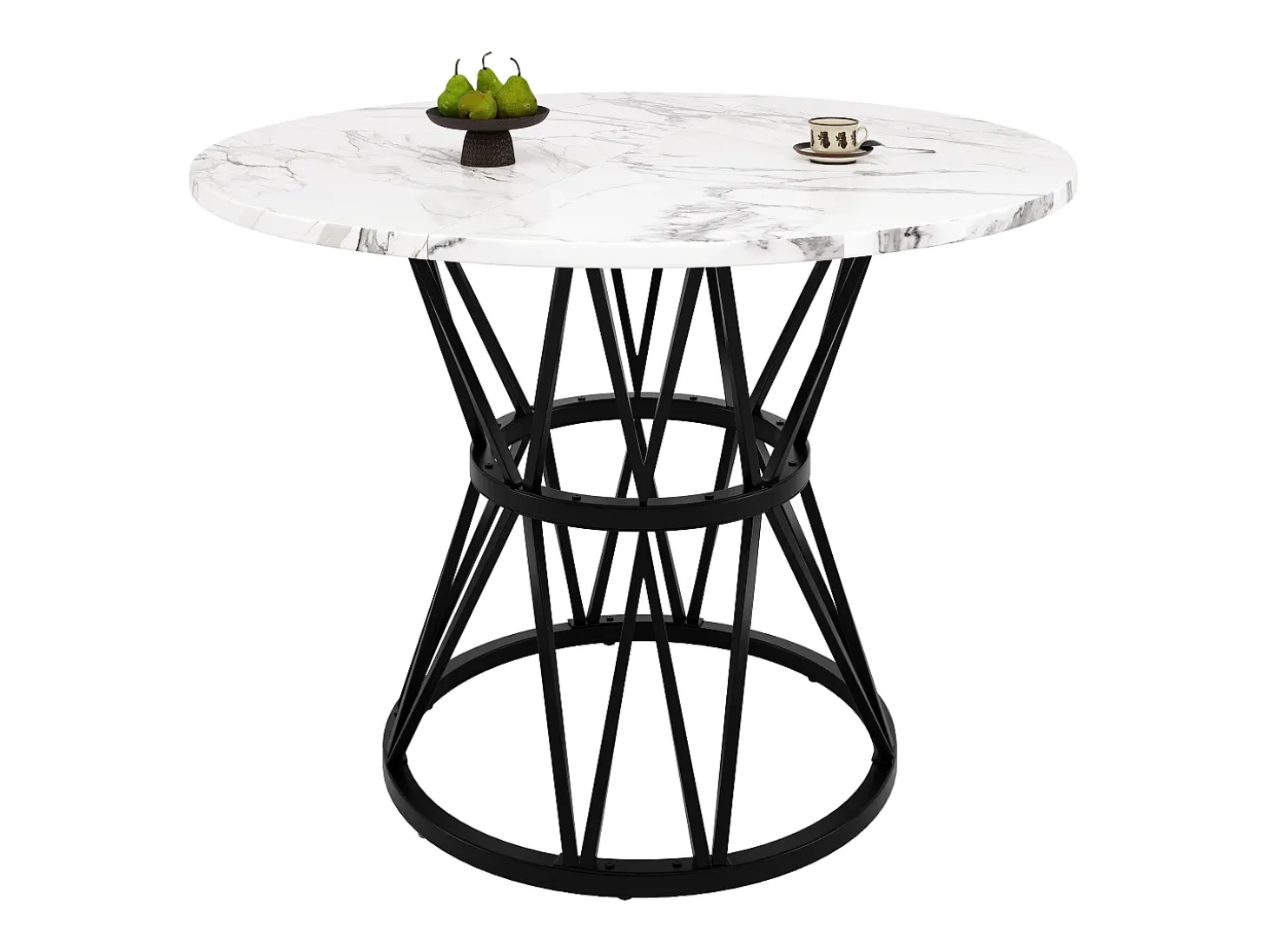 Mesa de comedor redonda de 100 cm, tablero de MDF de PVC efecto mármol, patas de metal negro - para comedor y salón